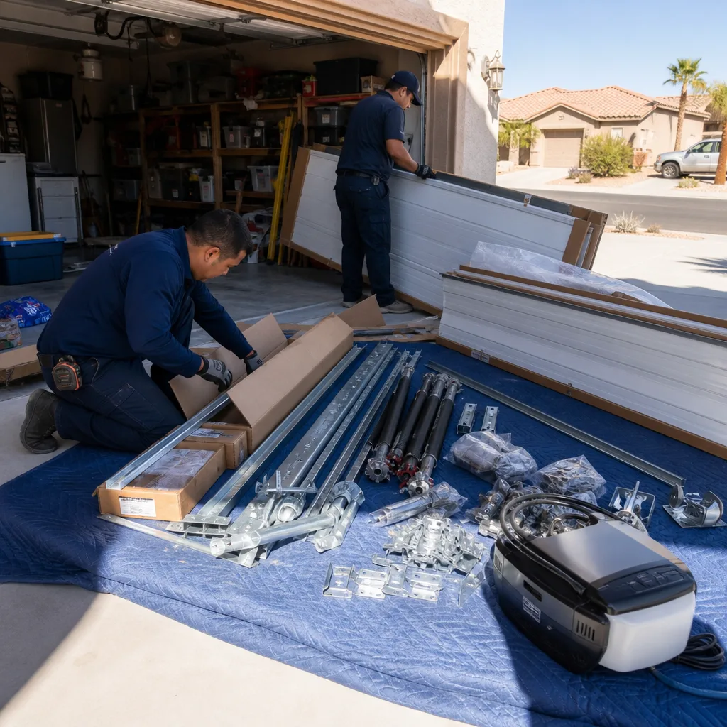 Two technicians preparing materials for professional garage door installation service.