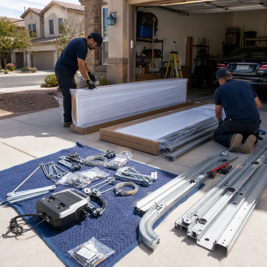 Two technicians preparing materials for a residential garage door installation