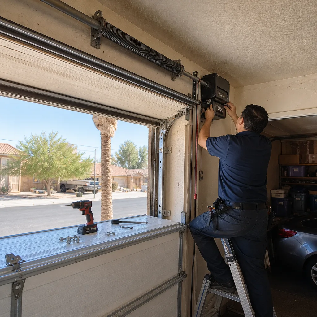 Technician performing a professional garage door opener repair service.