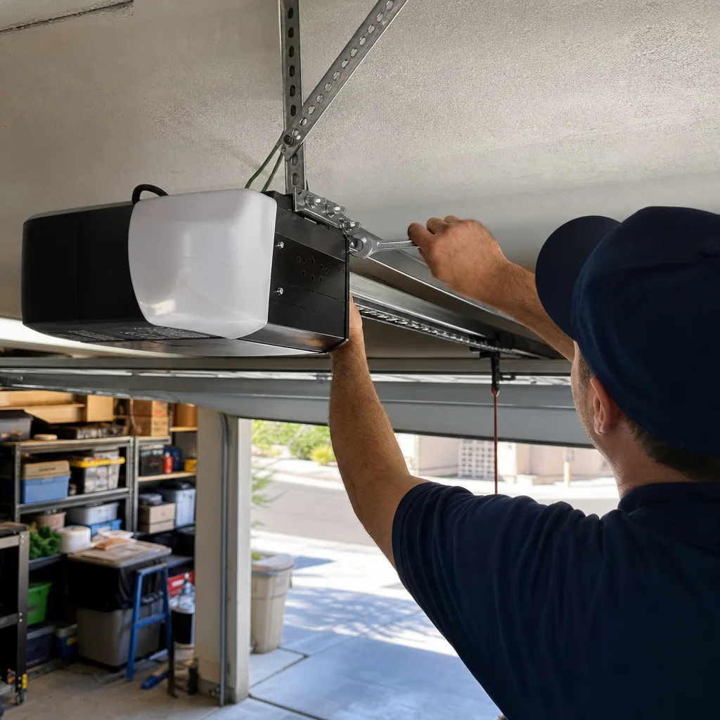 Technician using a wrench to repair a garage door opener
