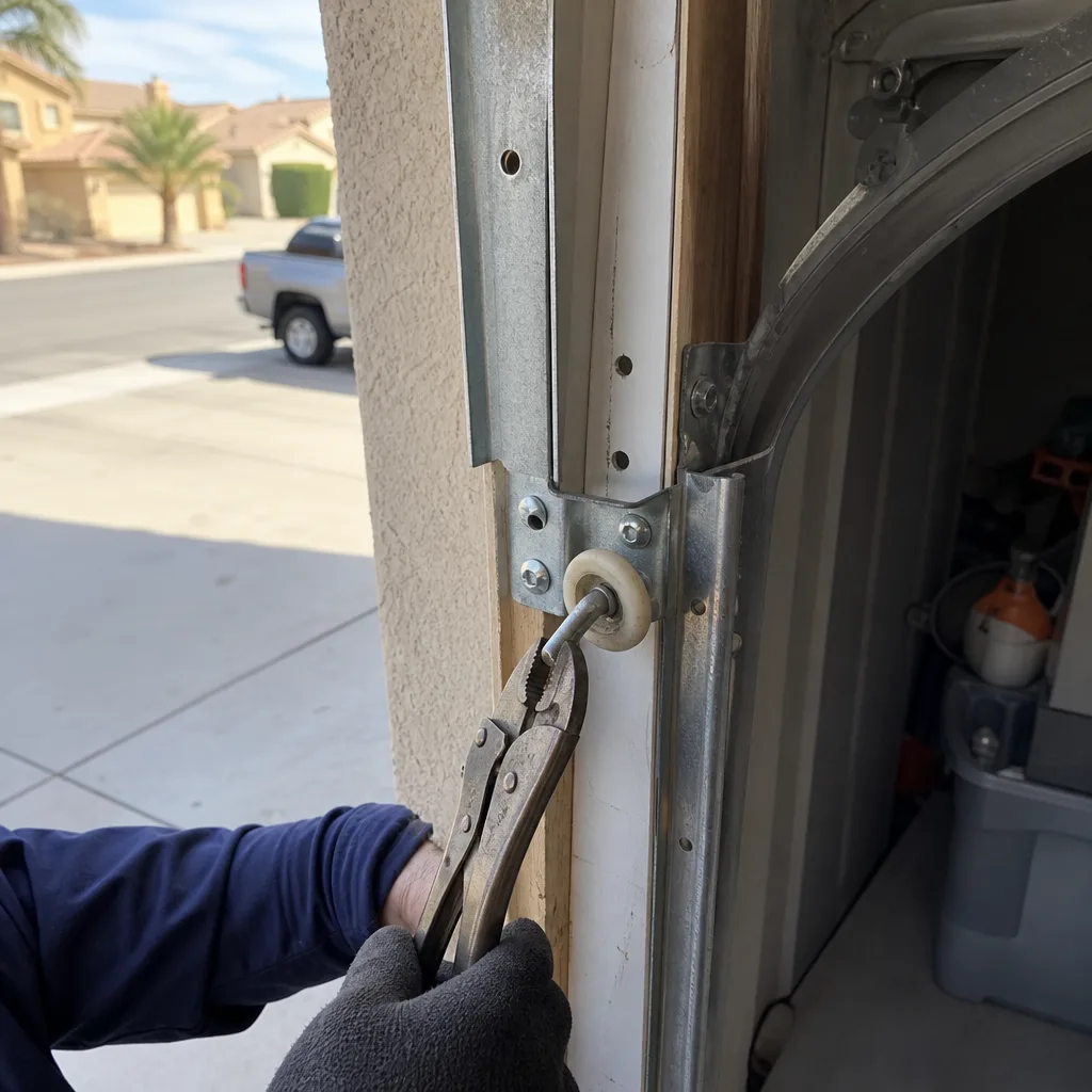 Technician using pliers to repair a garage door roller